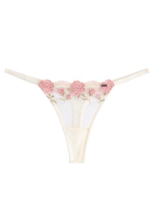 Hvid mesh g-streng med lyserøde broderede blomsterdekorationer langs linningen og tynde sidestropper.