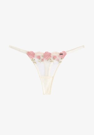 White mesh thong with pink embroidered floral designs along the waistband and thin side straps.