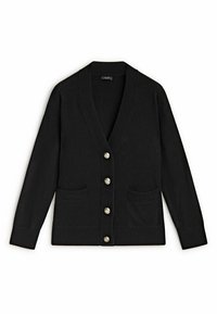 Cardigan noir à manches longues avec encolure en V, quatre boutons métalliques sur le devant et deux poches avant.