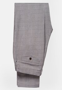Szare spodnie w kratę wykonane z lekkiego materiału, z zawiniętym mankietem, detalem guzika oraz z konstrukcją o dopasowanym kroju.