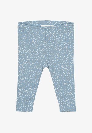 Leggings bleus avec un motif blanc dispersé, fabriqués en tissu doux et extensible, avec une taille élastique et des ouvertures de cheville étroites.