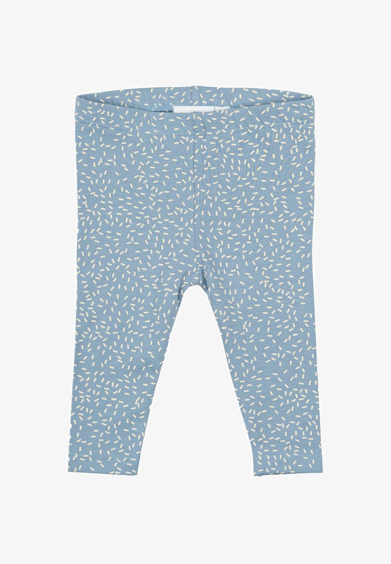 Mėlynos legging'os su atsitiktine baltų raštų kompozicija, pagamintos iš minkštos, tamprios medžiagos su elastinga juosmens juosta ir siaurais čiurnos atidarymais.