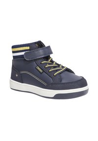 Scarpe alte blu navy con cinturino in velcro, dotate di un colletto a maglia a righe gialle e bianche, suola in gomma e dettagli di cucitura a contrasto.