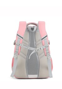 Zaino rosa e grigio con un pannello posteriore in rete, spallacci imbottiti, clip regolabili e un design snello per la ventilazione.