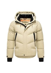 Giacca puffer beige con cappuccio, caratterizzata da accenti neri, tasche con cerniera e colletto a strati. Design trapuntato e testurizzato per un'ottima isolamento.