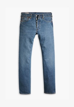 Jeans in denim blu con un taglio dritto, dotati di una chiusura con bottoni, cinque tasche e una leggera texture sbiadita su tutta la superficie.