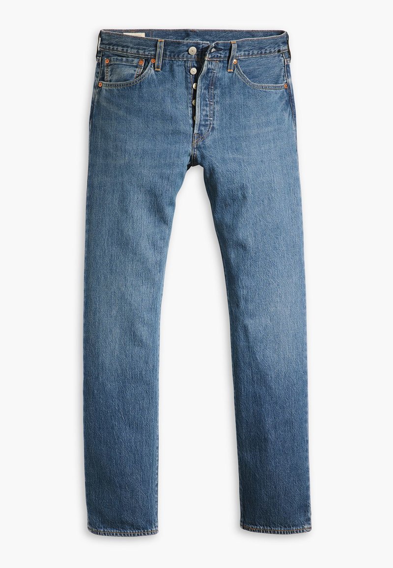 Blaue Denim-Jeans mit geradem Bein, ausgestattet mit einem Knopfverschluss, fünf Taschen und subtilen ausgebleichten Texturen.