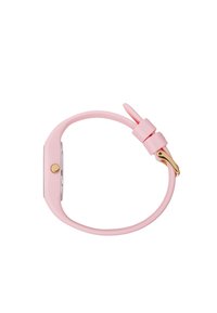 Orologio smartwatch in silicone rosa con quadrante rettangolare, pulsante dorato e cinturino regolabile. Presenta una superficie liscia e opaca per un maggiore confort.