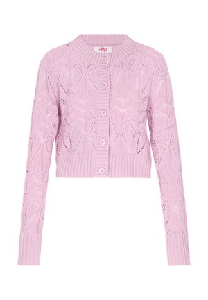 Gehaakte lichtroze cropped cardigan met lange mouwen, geribbelde randen, knopen aan de voorkant en een diamanten opengebreid patroon.