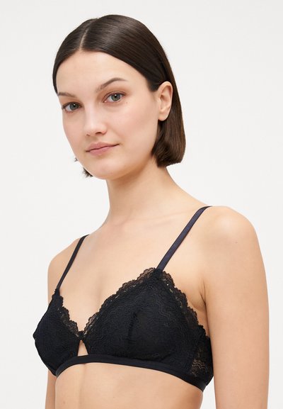 Black lace bralette with triangular cups, adjustable satin straps, and floral lace detailing. Features a keyhole cutout at the center.