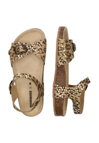 Leopardenmuster-Sandalen mit verstellbarem Schnallenverschluss, in Tan-Farbe, mit Glitzerakzenten, strukturiertem Fußbett, Korksohle, offener Zehenpartie und flacher Form.