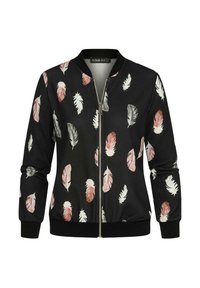 Musthave bomber-jakk roosade, valgete ja hallide lillede sulgede mustriga. Omab eespool metallist lukku ning soonikuid mansettides ja alläärses osas.