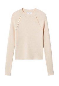 Hellbeige geripptes Sweatshirt mit einem runden Ausschnitt, das dekorative Knöpfe entlang der Schulternähte aufweist. Lange Ärmel, cropped Schnitt.