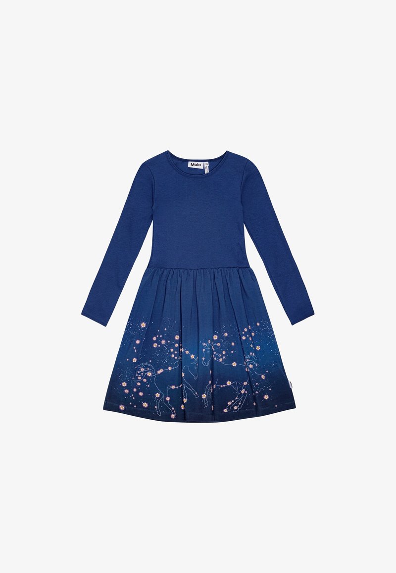 Robe bleue à manches longues avec jupe froncée ornée d'un motif de licornes en style constellation et d'étoiles lumineuses éparpillées.
