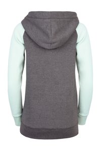 Kapuzensweatshirt, grauer Körper mit mintgrünen Ärmeln. Verfügt über gerippte Bündchen und Saum. Weicher Stoff mit glatter Textur, entworfen für legere Kleidung.