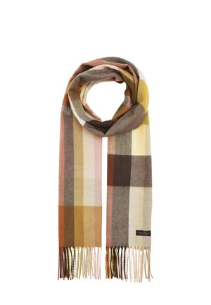 Long wool scarf with multicolor check pattern in shades of brown, yellow, pink, and cream, featuring fringed ends and a small brand label.