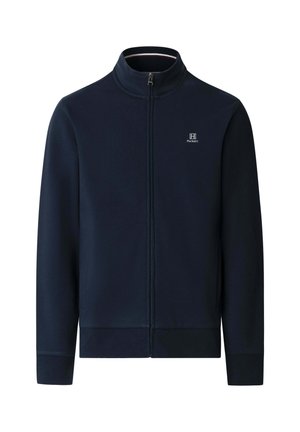 Marineblaue Jacke mit durchgehendem Reißverschluss, hohem Kragen und kleinem weißem Hackett-Logo auf der linken Brust, langen Ärmeln, gerippten Bündchen und Saum.
