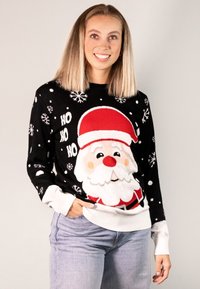 Schwarzer Pullover mit einem festlichen Weihnachtsmann-Motiv, weißen Schneeflocken und dem Text "HO HO HO", mit gerippten Bündchen und Saum und einer weichen Textur.