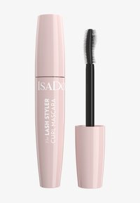 Rosafarbene zylindrische Mascara-Hülse mit der Aufschrift "IsaDora The Lash Styler Curl Mascara" und einem schwarzen Applikatorbürstchen mit unterschiedlich langen Borsten.