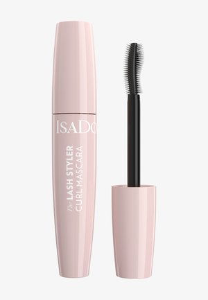Vaaleanpunainen sylinterimäinen ripsivärituutti, jossa lukee "IsaDora The Lash Styler Curl Mascara", musta applikaattorisivellin, jossa on vaihtelevan pituisia harjaksia.