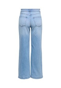 Ljusblå vida jeans med hög midja, som har fyra fickor och synliga sömmar. Mjuk denimtextur med en klassisk design.