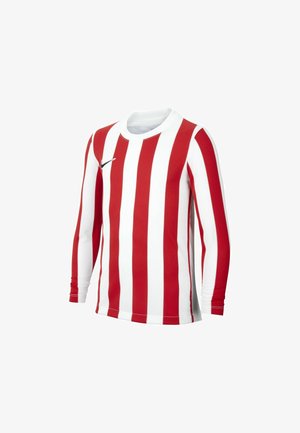 Rot-weißer gestreifter Langarm-Jersey mit rundem Halsausschnitt, aus atmungsaktivem Stoff hergestellt, mit einem kleinen schwarzen Nike-Logo auf der Brust.