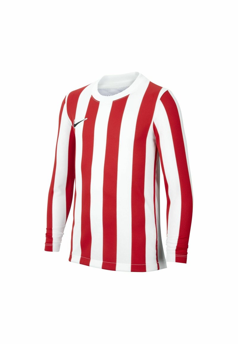 Maglia a maniche lunghe a righe rosse e bianche con scollatura rotonda, realizzata in tessuto traspirante, con un piccolo logo Nike nero sul petto.