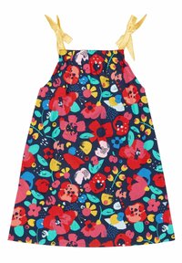 Vestido floral con fondo azul marino, que presenta flores multicolores en rojo, rosa y amarillo. Tirantes de cinta amarilla con cuerpo fruncido.