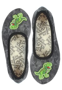 Graue Stoff-Balletschuhe mit zwei grünen Dinosaurier-Applikationen. Das Innere weist ein Muster mit dem Schriftzug "Beck" und Herzmotiven auf. Mit schwarzen Gummibändern.