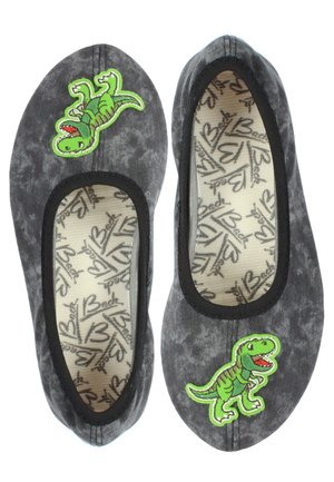 Graue Stoff-Balletschuhe mit zwei grünen Dinosaurier-Applikationen. Das Innere weist ein Muster mit dem Schriftzug "Beck" und Herzmotiven auf. Mit schwarzen Gummibändern.