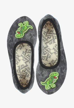 Graue Stoff-Balletschuhe mit zwei grünen Dinosaurier-Applikationen. Das Innere weist ein Muster mit dem Schriftzug "Beck" und Herzmotiven auf. Mit schwarzen Gummibändern.