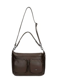 Borsa a tracolla in pelle marrone con due tasche frontali, manico superiore singolo e tracolla regolabile. Superficie testurizzata con dettagli in metallo argentato.
