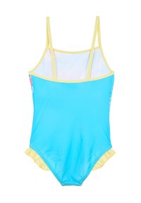 Costume da bagno con un lato anteriore blu, dettagli gialli e spalline regolabili. Bordo arricciato alle gambe. Progettato per neonati con un materiale morbido e elasticizzato.