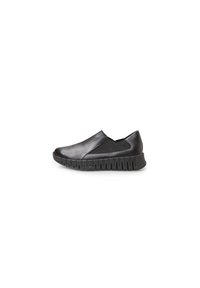 Chaussure noire à enfiler en cuir lisse avec une semelle en caoutchouc dotée d'une adhérence texturée. Panneaux élastiques sur les côtés pour un enfilage facile.