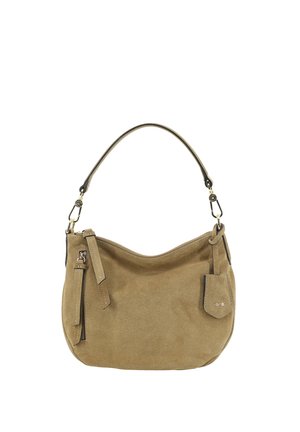 Braune Veloursledertasche mit einem einzigen Schulterriemen, vorderer Reißverschlusstasche und einem kleinen angebrachtem Etikett mit Logodetail.