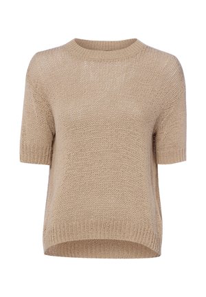 Pull beige à manches courtes en maille avec encolure ronde côtelée, poignets et ourlet, présentant une coupe légèrement ample et un motif tricoté texturé.