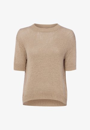 Beige kortemouwengebreide trui met geribde ronde hals, manchetten en zoom, met een iets losse pasvorm en een gestructureerd breipatroon.