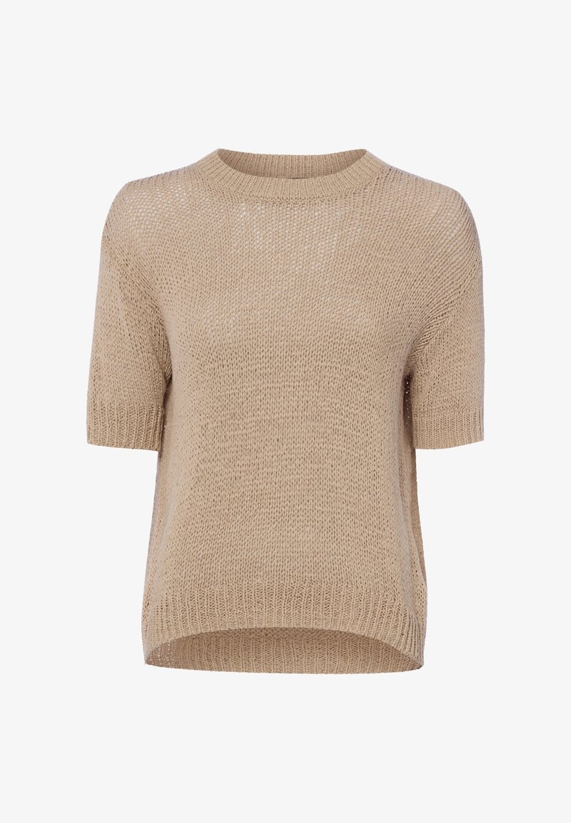 Pull beige à manches courtes en maille avec encolure ronde côtelée, poignets et ourlet, présentant une coupe légèrement ample et un motif tricoté texturé.