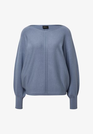 Jasnoniebieski sweter dziany o luźnym kroju, z szerokim dekoltem i długimi rękawami. Posiada pionowy szew z przodu. Miękka faktura.