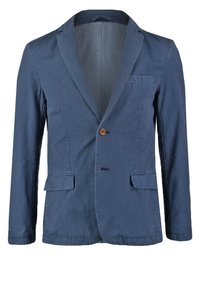 Námořnický modrý bavlněný blazer s vykrojeným límcem, zapínáním na jeden knoflík a dvěma dvojitými kapsami; hladká textura a přizpůsobený střih.