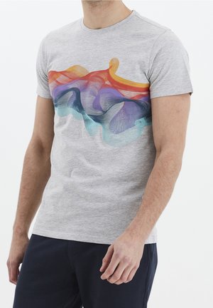 Gray short-sleeve t-shirt featuring a colorful, abstract wave design in orange, red, purple, and blue across the chest.
