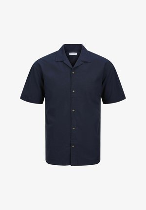 Košile s krátkým rukávem v námořnické modři, vyrobená z bavlněné směsi, s rozhaleným límečkem a jednoduchým zapínáním na knoflíky, bez vzorů nebo dekorací.