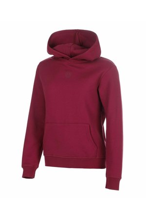 Sweat à capuche bordeaux à manches longues avec poche kangourou à l'avant et logo subtil sur la poitrine, présenté sur fond blanc.