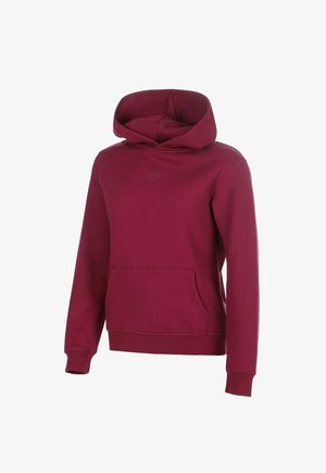 Sweat à capuche bordeaux à manches longues avec poche kangourou à l'avant et logo subtil sur la poitrine, présenté sur fond blanc.