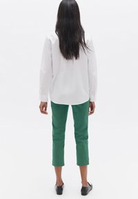 Camicia bianca a maniche lunghe abbinata a pantaloni verdi a tre quarti. Texture lisce, design semplice, colori uniformi senza motivi o decorazioni visibili.
