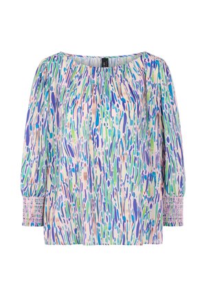 Loose long-sleeve blouse with multicolored abstract brushstroke pattern and smocked cuffs, in shades of blue, green, purple, and beige.