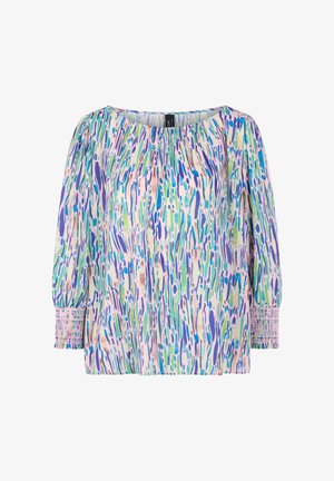 Loose long-sleeve blouse with multicolored abstract brushstroke pattern and smocked cuffs, in shades of blue, green, purple, and beige.