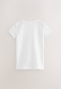 Weißes T-Shirt mit kurzen Ärmeln, aus weicher Baumwolle, mit rundem Ausschnitt und ohne sichtbare Grafiken oder Muster auf der Rückseite.