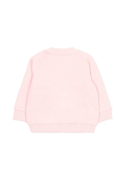 Sudadera de manga larga de color rosa claro con puños, cuello y dobladillo acanalados, mostrada desde atrás sobre un fondo blanco liso.