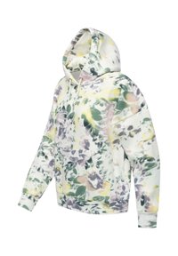 Felpa con cappuccio con stampa floreale in verde chiaro, viola e giallo. Realizzata in un tessuto morbido, presenta una tasca frontale e orlo a coste.